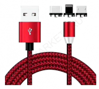 Кабель магнитный 3 в 1 универсальный USB/MicroUSB Type-C Lightning, красный
